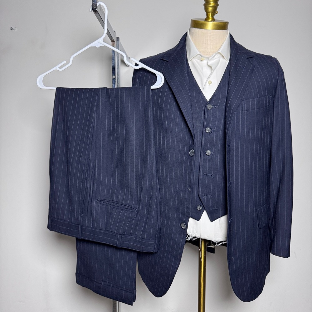 Custom Tailored 3-Piece Suit Mens 38R W33 Navy Blue Pinstripe Wool Vest Paisley